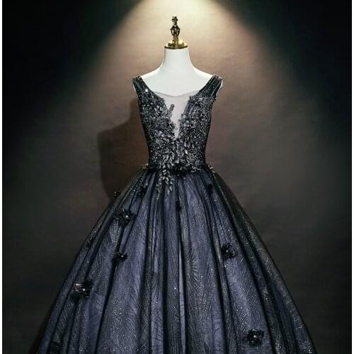 Luxury black embroidery beading lace flower ball gown opera medieval Renaissance Victoria dress ball gown
