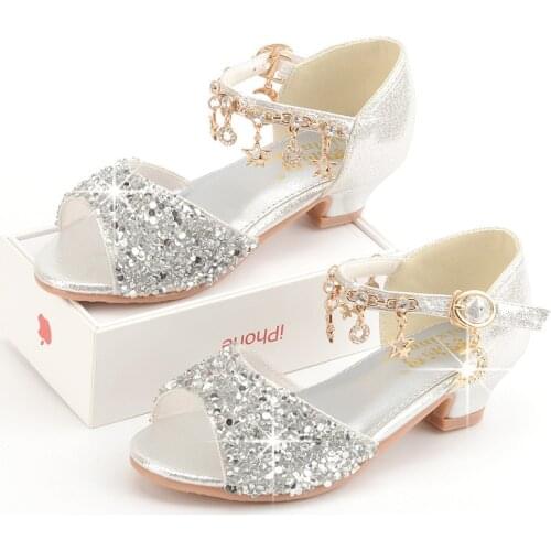 2021 Girls High-heeled Sandals Summer New Childrens Square Heel Crystal Shoes Princess Show Shoes Fashion for Party Hot Chic