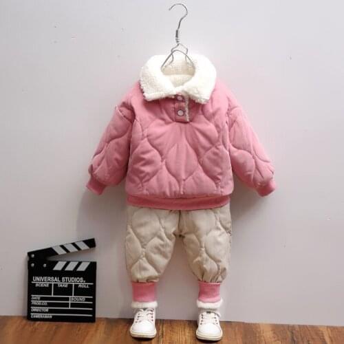Sweet Girls Winter Clothes Cotton Suits Baby Plus Velvet Thick Two-piece Suit(Top+Pant ) Children Autumn Winter Warm Clothes