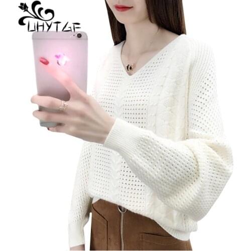 UHYTGF Spring woman sweater Fashion Bat sleeve knit pullover short sweater woman Korean hollow loose plus size sweater ladie 724