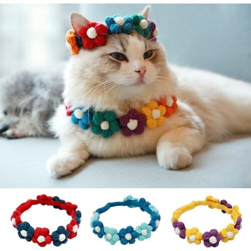 Hand-knitted woolen pet color small flower crochet collar cat bib dog bib British short Shiba Inu dog cat accessories