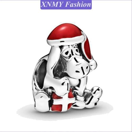 XNMY New Silver Color Beads Donkey in Christmas Hat Fit Original Pandora Bracelets Christmas Women DIY Fashion Jewelry Gift