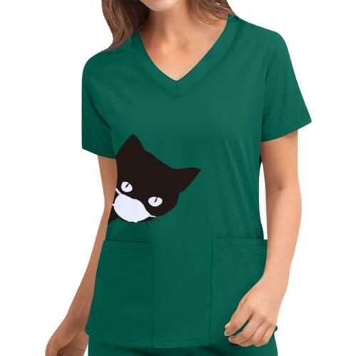 Womens Summer Work Uniform Female Cartoon Cat Print V Neck Short Sleeve Shirts Pocket Blouse Work Blouse Scrubs Beauty Pet Tops
