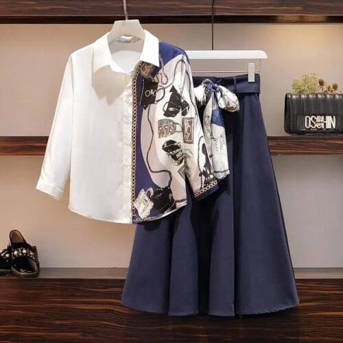 Half-length skirt suit women 2021 spring and autumn new style new fashion printed shirt mid-length A-line skirt two-piece suit