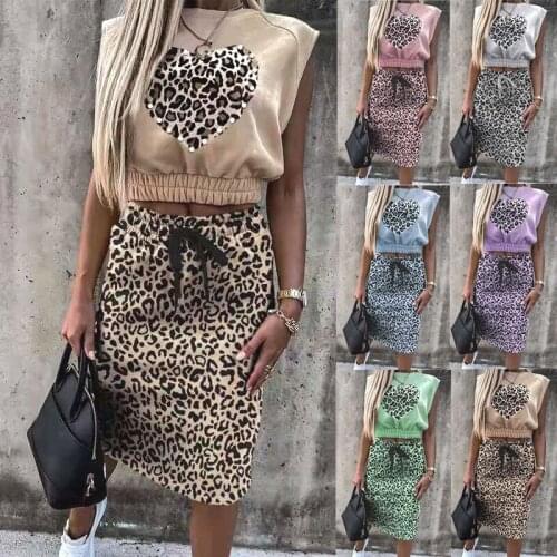 Ladies Summer Suit Skirt Suit 2021 Leopard Print Sleeveless Top Dress Two-piece Suit T-shirt Skirt Suit Summer Woman Suit