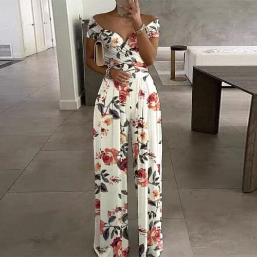 Womens Jumpsuit Solid Off The Shoulder V Neck Sexy Romper Casual Elegant Printed Wide Legged Loose Overalls for Beach or Club