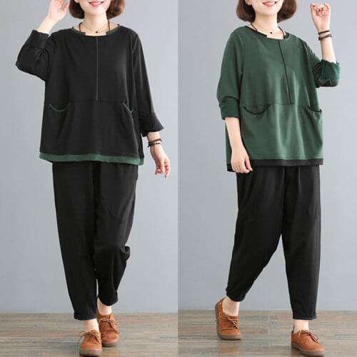 2021 Spring Autumn Women Fashion Cotton Sports Two Piece Suit Long-sleeve Top + High Waisted Pants Suits Plus Size 5XL X307