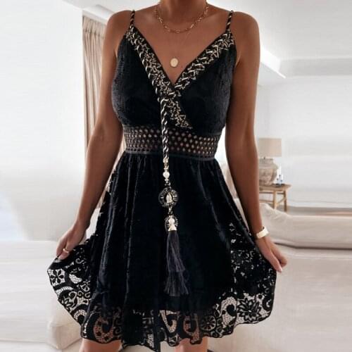 2021 Women Elegant Hollow Out Crochet Lace Dress Summer Sexy V Neck Wrap Halter Party Dresses Lady Off Shoulder Beach Vestidos