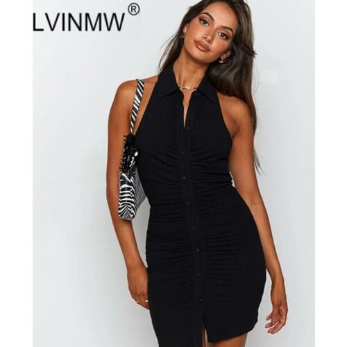 LVINMW Halter Backless Sleeveless Sexy Slim Solid Mini Dress Single Breasted Skinny Casual Pleated Dresses For Women Temperament