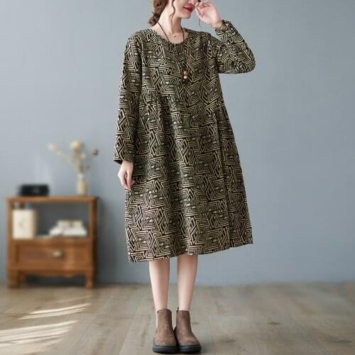 2021 New Arrival Print Geometric Vintage Autumn Dress Cotton Linen Loose Office Lady Work Dress Women Spring Casual Midi Dress
