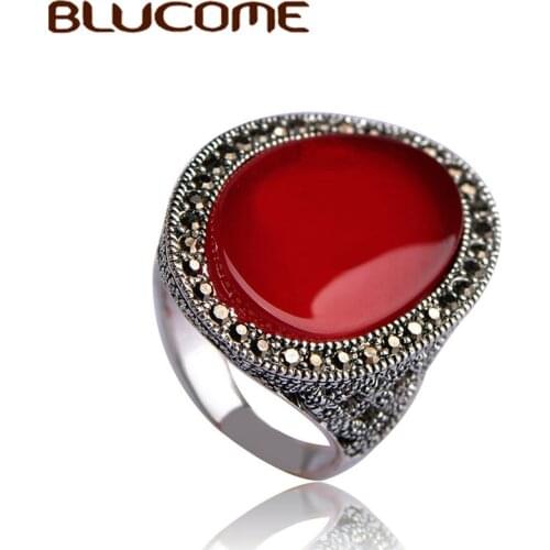 Blucome Turkish Style Vintage Ring Red Jewelry Hollow Out American Large Ring Resin Women Wedding dress party accessories Gift