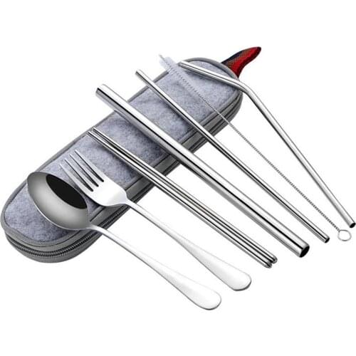8Pcs/Sets Titanium-plated stainless steel portable tableware 304 stainless steel straw cutlery chopsticks set