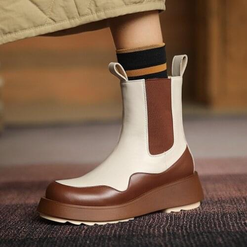 MEZEREON Women Botas Cow Leather Ankle Boots Platform Shoes Woman Elastic Band Autumn Winter Chelsea Boots Mixed Color