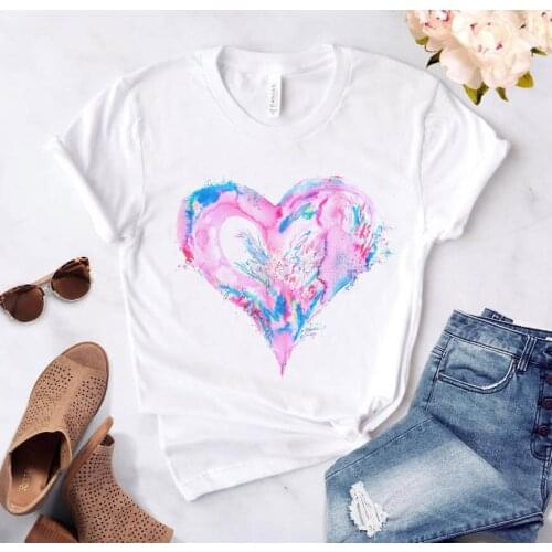 FIXSYS Colorful Heart Print Ladies T-shirt Women Casual Basis White Shirt Short Sleeve Female T-shirt Love Graphic Print