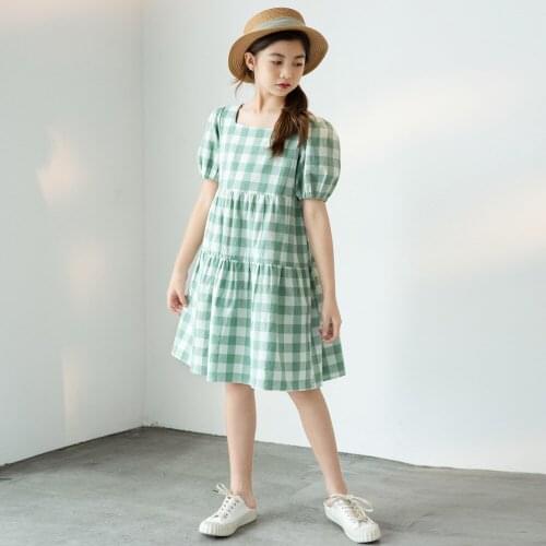 France Style Cotton Plaid Kids Dresses for Girls Puff Sleeve Teen Fashion Dress Fresh Cute 2021 New Summer Clothes,#8