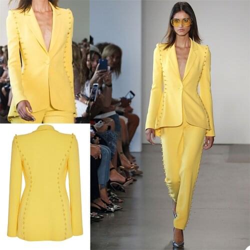 Classic One Button Women Suits 2 Pieces Notched Lapel Beaded Pocket Blazer Custom Made Celebrity Catwalk Jacket