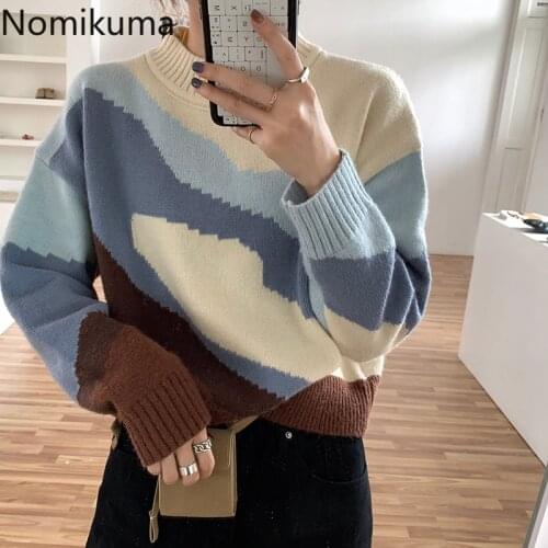 Nomikuma Korean Contrast Color Short Sweater Long Sleeve Knitted Pullover 2020 Autumn Winter Half Turtleneck Knitwear Tops 6D510