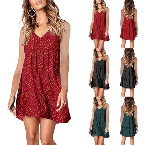 Summer Ladies Casual Sling V-neck Sleeveless Polka Dot Ruffled Mini Dress Loose Short Skirt -40