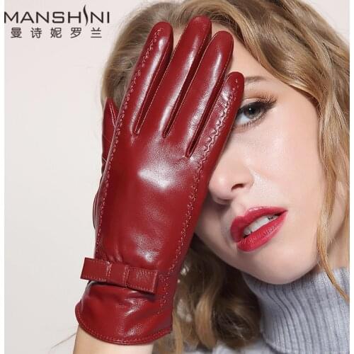 Genuine leather gloves womens fashion gloves winter add velvet thicken warm telefingers gloves touch screen sheepskin gloves068