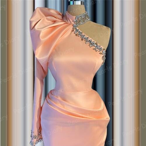Saudi Arabia Beaded Evening Dresses 2021 New Design One Shoulder Pink Formal Prom Dress Dubai Party Gowns Robe De Soiree Kaftans