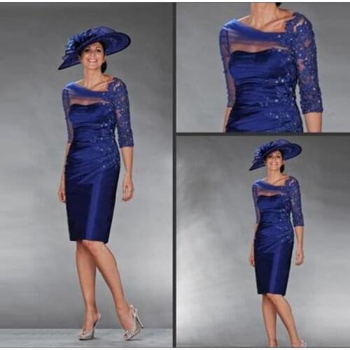 Unique Royal Blue Sheath Knee Length Lace Applique Mother of the Bride Dresses With Three Quarter Sleeve Wedding Guest Gown 2021