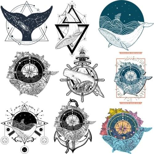 Dream Whale With Clock Heat Transfer Vinyl Anchor Patch Iron On Transfer For Clothing Animal Stripes Thermal Sticker On Clothes