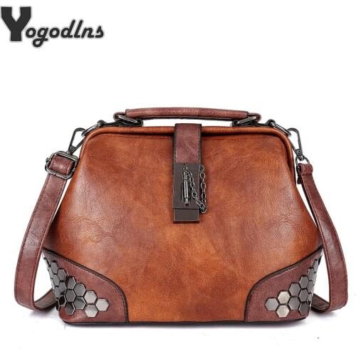 Retro Small PU Leather Crossbody Bag for Women Fashion Rivent Design Doctor Handbag Female Solid Color Top-Handle Shoulder Totes