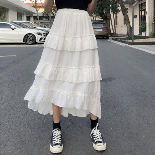 White Pleated Skirt Women Elegant Ruffles Cake Skirt Female Solid Vintage High Waist Chiffon Skirt Jupe Femme Fashion New 15632