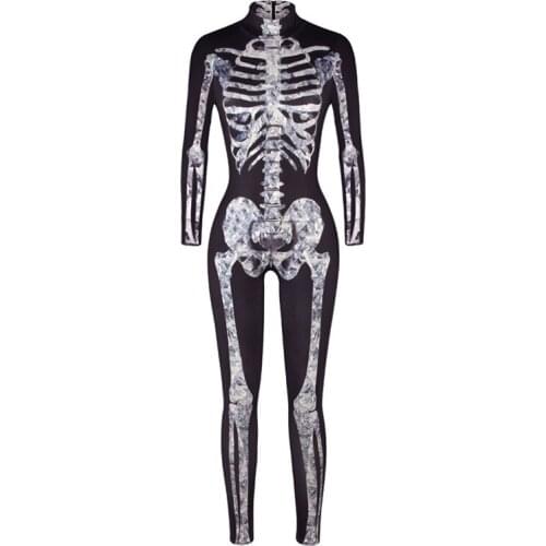 Adult Women Scary X-Ray Fever Skeleton Bone Printed Costume Bodysuit Jumpsuit Catsuit Outfit For Lady Halloween Carnival Purim
