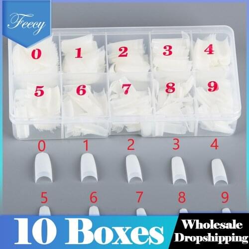 10 Boxes French Acrylic False Nail Tips 500PCS / Box Fake Nail Shape Artificial Fake Nails Tips 10 Sizes with Box Clear Natural