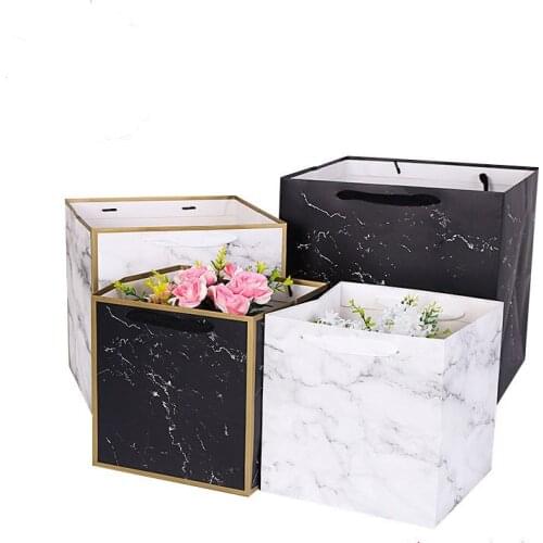 12pcs Large Fresh Flower Paper Bags Valentines Day Marble Gift Packaging Bag With Handle