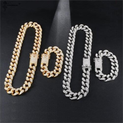 19MM Hip Hop Miami Cuban Mens Necklace+Bracelet Link GoldColor Iced Out Paved Rhinestones Male Wristband Street Jewelry
