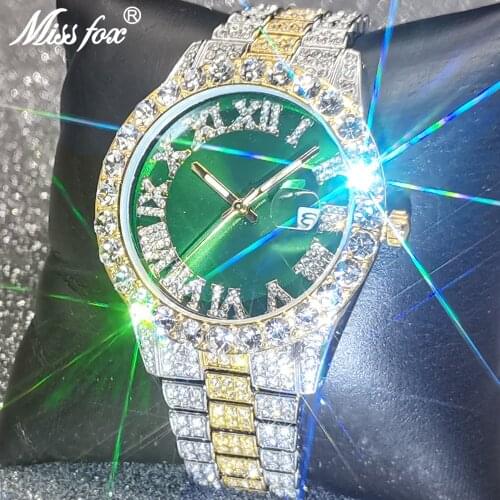 Top Hip Hop MISSFOX Iced Out Full Diamond Green Quartz Watch Design Waterproof Dive Business Jewelry Clocks Montre Homme Luxe