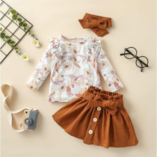 3Pcs Kids Autumn Outfits Baby Girls Clothes Floral Round-Neck Long Sleeves Tops + Buttons Skirt + Headband 6 Months to 4 Years