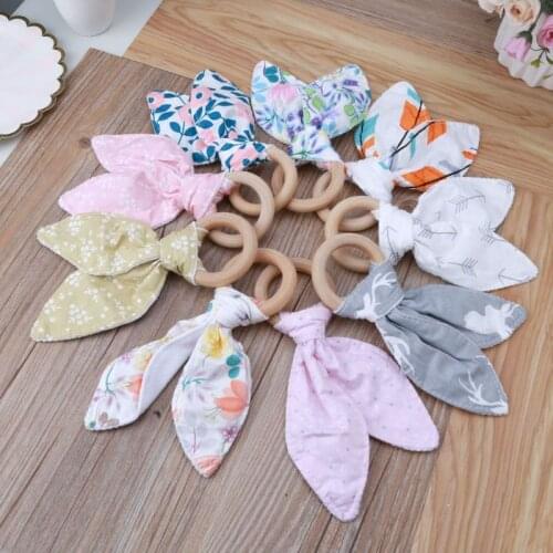 Baby Boy Girl Bunny Ear Teether Safe Organic Wood Teething Ring Toys Various Color Choice Shower Gift