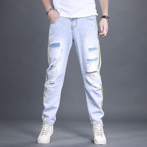 Summer Men Loose Fit Hole Ripped Jeans Side Striped Hip Hop Denim Harem Pants Casual Streetwear Man Long Trousers Fashion Jeans