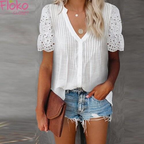 Flokocloset Summer Solid V-Neck Lace Hollow Out Short Sleeve T-shirts Casual Pleated Women Tops Tees