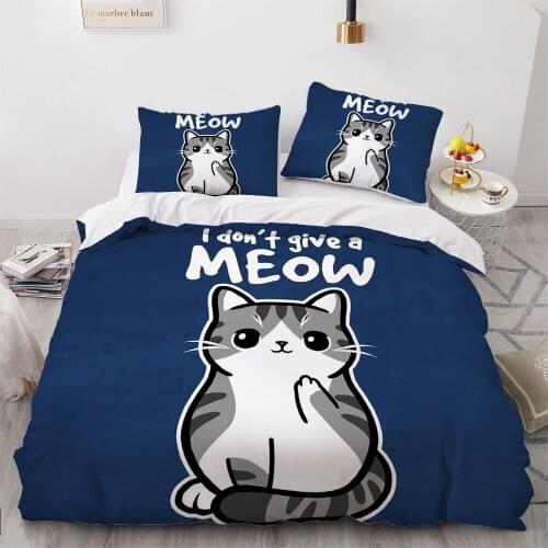 3D Bed Linen Comforter Quilt Cover Bedding Set Twin King Queen Double Single Size Cartoon Cat Blue Design Home Textile