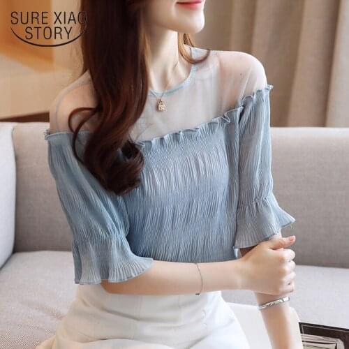 Korean Short Sleeve Transparent Top Blusas Mujer De Moda 2021 Summer Loose Mesh Clothes Chiffon Blouse Blusas 8981 50