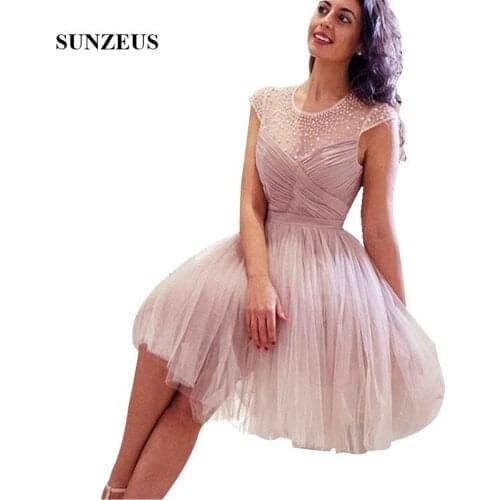 Short Tulle Bridesmaids Dresses A-line Cap Sleeves Beaded Wedding Party Dress Beautiful Junior Bridesmaids Gown Girl