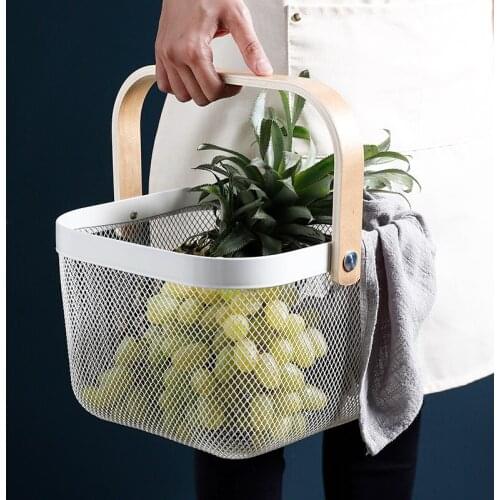 Metal and Wood Storage Basket for Food Fruit Bread Clothing Sundries Beverage Kitchen Accessories Tools Organizer Container