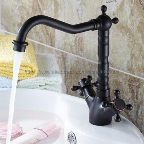 Black Oil Rubbed Brass Bathroom Sink Faucet 360 Degree Swivel Spout Double Cross Handle Vanity Sink Mixer Tap Nsf076