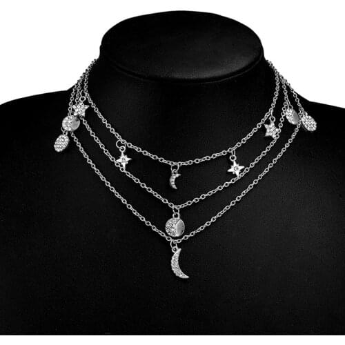 COWBREAD Multi Layered Women Necklace Star Moon Round Hexagon Choker Short Clavicle Necklace Jewelry Gift