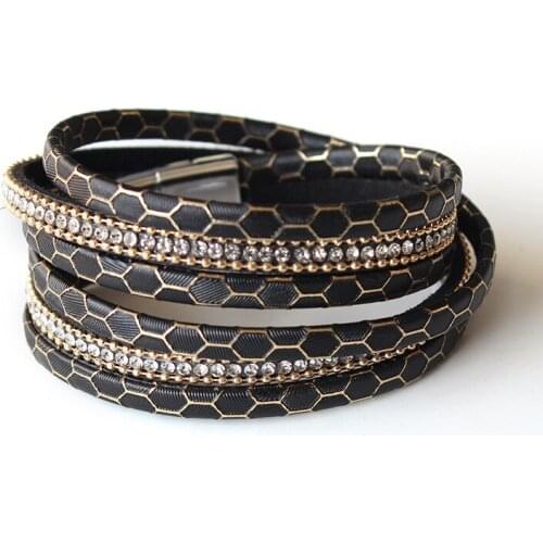 Trendy Honeycomb Leather Bracelets With Crystal 2pcs/lot Magnet Buckle Bangle Free Shipping