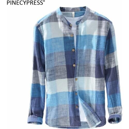 Men Casual Shirt 55% Linen 45% Cotton Breathable Anti-static Blue Coffee Flax Cool Quality Linum Long Sleeve Plaid Man Shirts