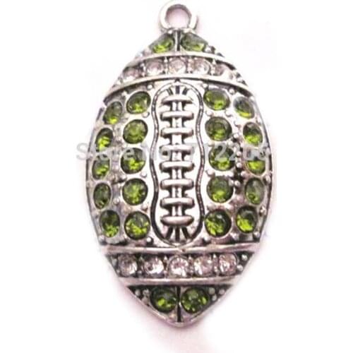 New 100pcs a lot antique silver color zinc alloy studded Football light green Crystal Pendant