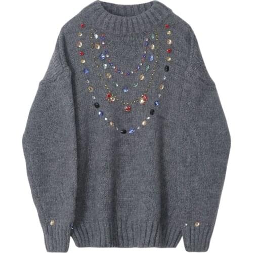 2020 Autmn Winter Sweater Beads Sequins Long Sleeve Crew Neck Gray White S M L