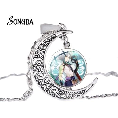Japan Cartoon Anime Genshin Impact Chain Necklace Anime Art Photo Glass Dome Crescent Moon Necklace Jewelry Gift Accessories