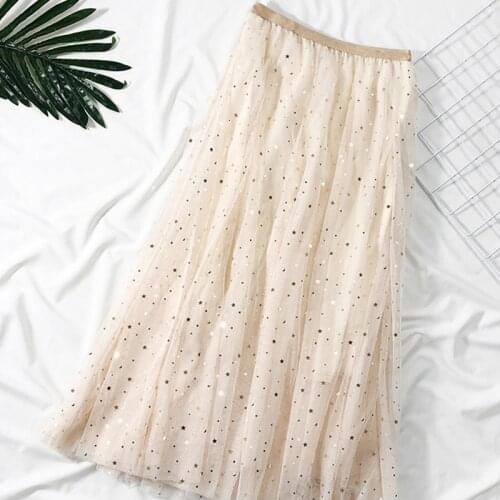 Luxury Brand Korean Women Tulle Skirt Fashion Sequin Star Summer Mesh Ladies Long Skirt Elastic High Waist Party White Skirt