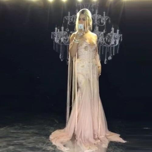Pink Tassel Long Dress Women Stage Dance fringes Birthday Dress Nightclub Party wedding Singer Costume Evening Celebrate Outfit